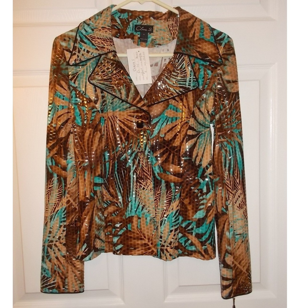 Clara S Womens Tropical Palm Leaf Metallic Blazer Brown Turquoise Small NWT